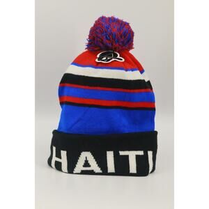 New League Haiti Beanie Hat Winter Knit Pom Pom Cap Fleece Lined Red Blue Stripe